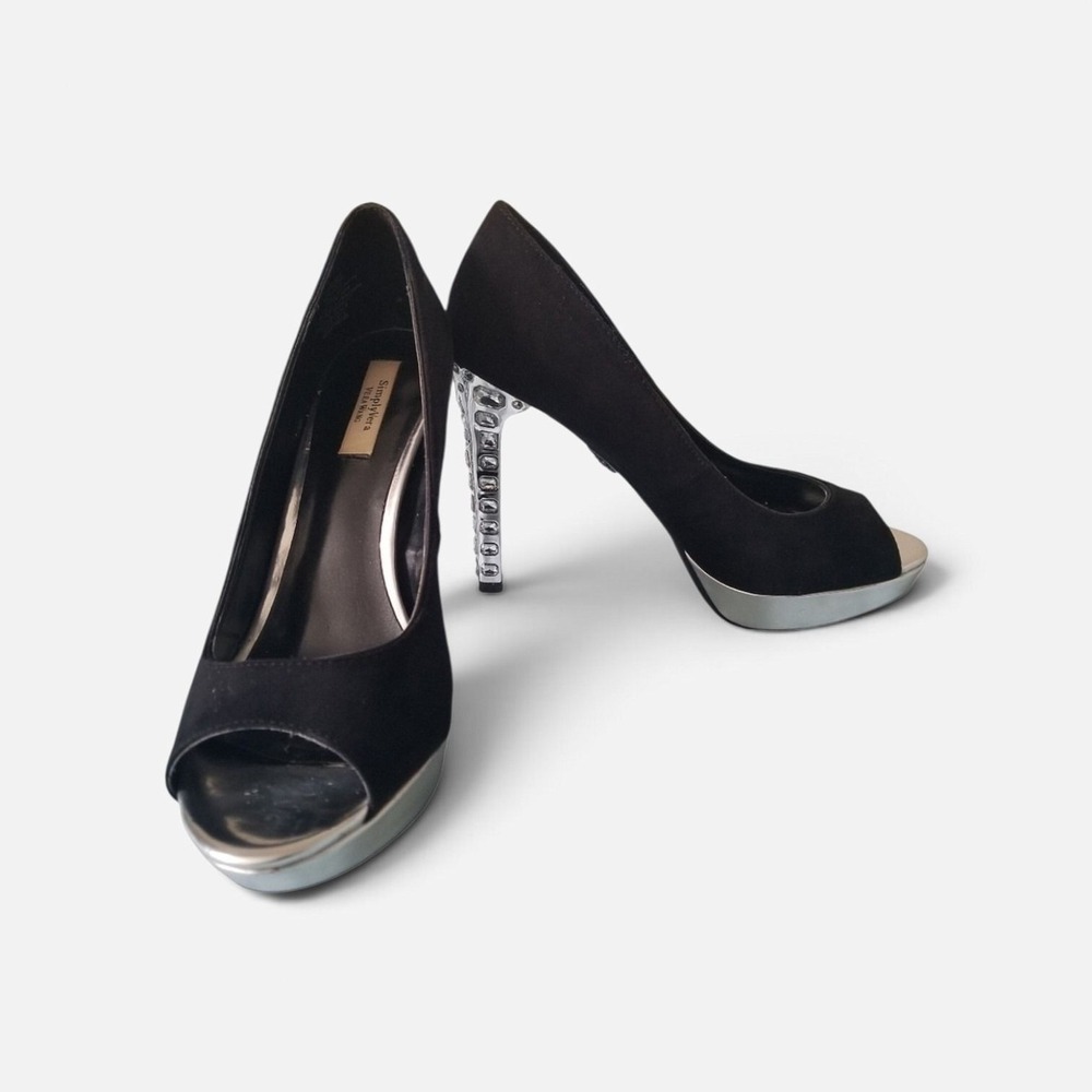 Simply Vera Wang Black Crystal 4 Inch Peep Toe Heels SZ 8
